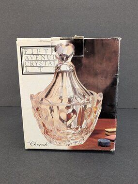 Vintage Fifth Avenue Lead Crystal Cherish 6-1/4" Covered Candy Box Hearts Dish